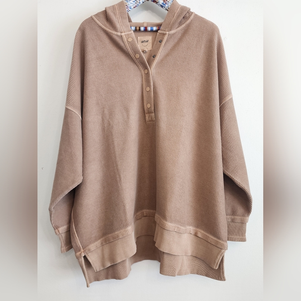 NWT Aerie Ribbed Oh Snap Henley Hoodie Stone Harbor Tan Oversized XXL - Picture 2 of 11